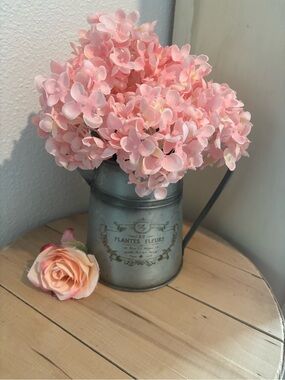 Hand Crafted Soft Pink Hydrangea Bouquet in Metal Pitcher Final Sale